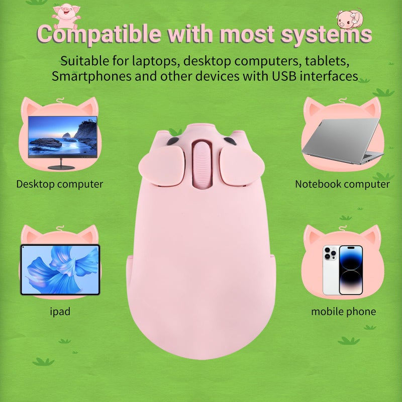 elec Space Cute Pig Design Wireless Mouse Dual Mode Bluetooth & USB Mouse, Silent Operation, Ergonomic, Perfect for Laptops & PCs, Ideal Gift for Animal Lovers and Family (Pink) - Image 3