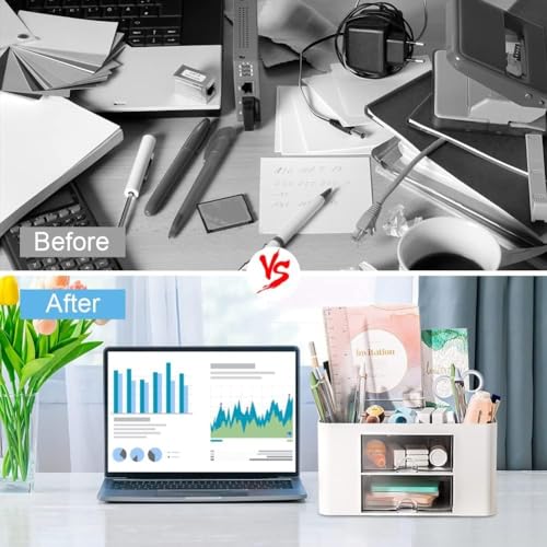Recluse White Desk Organiser, Table Organiser, Desk Organiser with 5 Compartments and 2 Small Drawers Organizer for Home or School, Office Organiser, Small Items Such as Stationery and Remote Control - Image 3