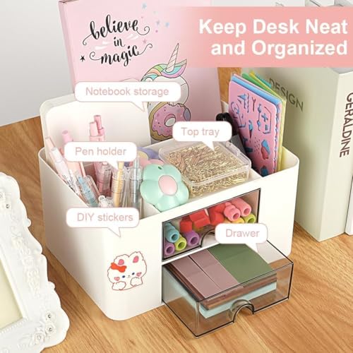 Recluse White Desk Organiser, Table Organiser, Desk Organiser with 5 Compartments and 2 Small Drawers Organizer for Home or School, Office Organiser, Small Items Such as Stationery and Remote Control - Image 2