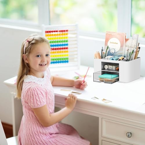 Recluse White Desk Organiser, Table Organiser, Desk Organiser with 5 Compartments and 2 Small Drawers Organizer for Home or School, Office Organiser, Small Items Such as Stationery and Remote Control - Image 4
