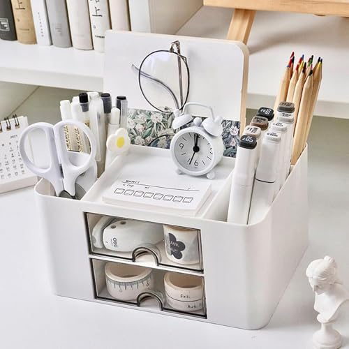 Recluse White Desk Organiser, Table Organiser, Desk Organiser with 5 Compartments and 2 Small Drawers Organizer for Home or School, Office Organiser, Small Items Such as Stationery and Remote Control - Image 5