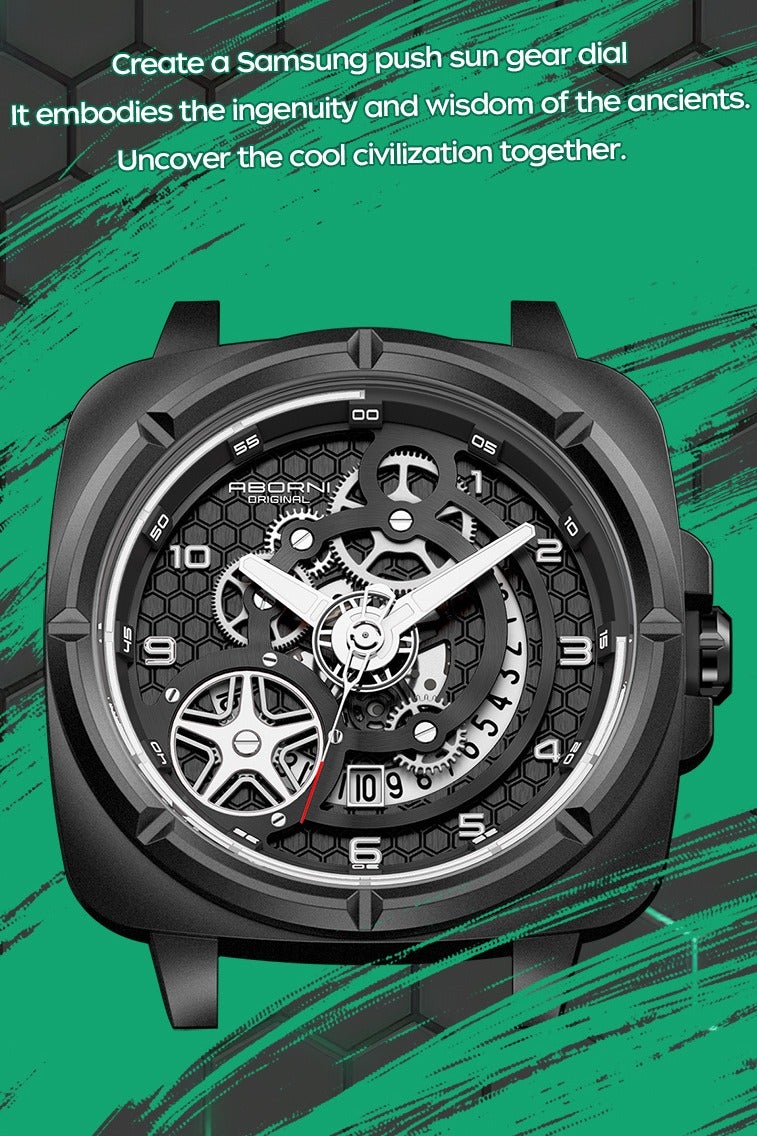 ABORNI Men's Mechanical-Style Sport Quartz Watch, Luminous Waterproof Silicone Strap, Trendy Fashion Wristwatch - Image 2