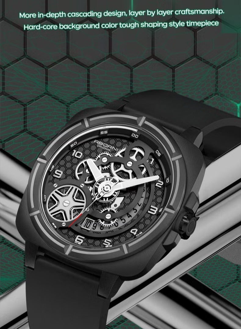 ABORNI Men's Mechanical-Style Sport Quartz Watch, Luminous Waterproof Silicone Strap, Trendy Fashion Wristwatch - Image 3