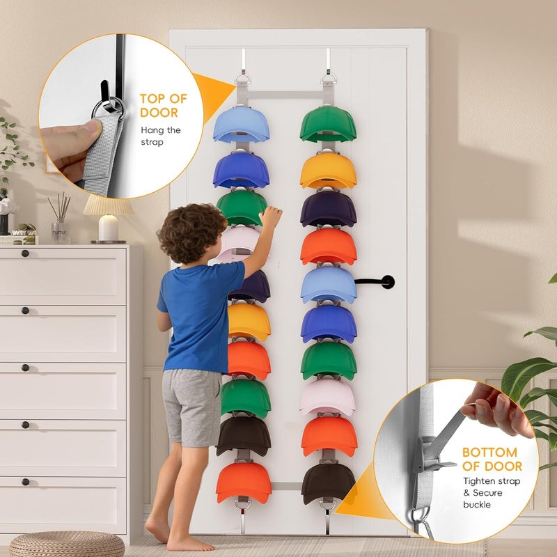 VERONLY Over the Door Baseball Cap Organizer, Adjustable 40-Cap Hat Rack with 20 Moving Clips & 2 Straps, No Drill Needed, Fits Most Bedroom, Closet Doors (Gray) - Image 4