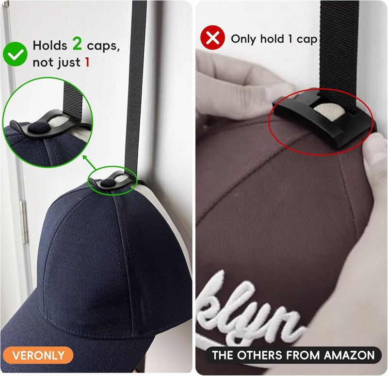 VERONLY Over the Door Baseball Cap Organizer, Adjustable 40-Cap Hat Rack with 20 Moving Clips & 2 Straps, No Drill Needed, Fits Most Bedroom, Closet Doors (Gray) - Image 2
