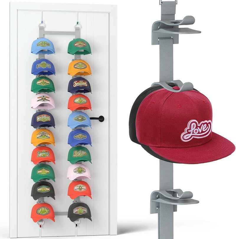 VERONLY Over the Door Baseball Cap Organizer, Adjustable 40-Cap Hat Rack with 20 Moving Clips & 2 Straps, No Drill Needed, Fits Most Bedroom, Closet Doors (Gray) - Image 1