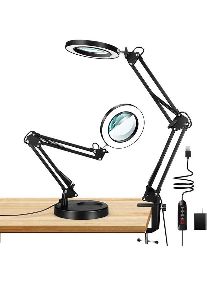 L&E 2-in-1 Magnifying Glass with Light and Stand, 10X Real Glass Desk Lamp with Clamp, Adjustable Swing Arm LED Lighted Magnifier with 3 Color Modes Light for Reading Crafts Works  - Image 1