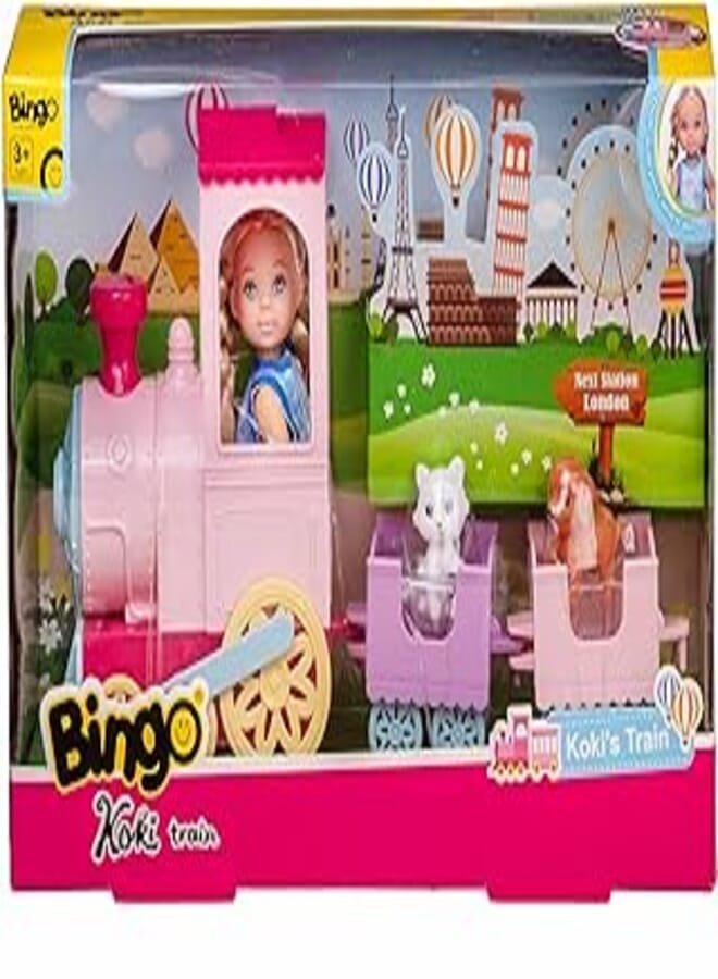 Bingo Koki Doll with Pets and Train, 4 Pieces - Multi Color
