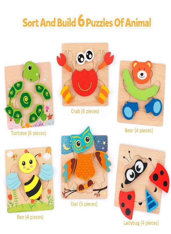 Coogam Coogam Wooden Jigsaw Puzzle Set, 6 Pack Animal Shape Color Montessori Toy, Fine Motor Skill Early Learning Preschool Educational Gift Game for Years Old Kids  - Image 2