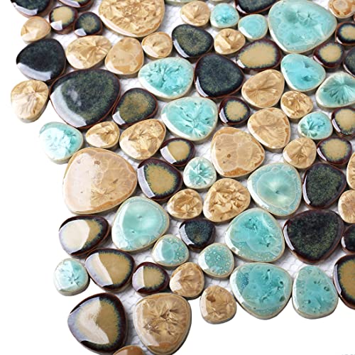 Blujellyfish Pebble Porcelain Tile Fambe Turquoise Green Beige Shower Floor Pool Alley Tiles Mosaic TSTGPT005 (5 Square Feet) - Image 2