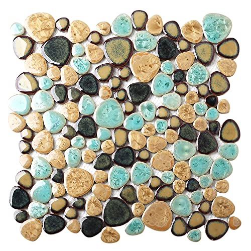 Blujellyfish Pebble Porcelain Tile Fambe Turquoise Green Beige Shower Floor Pool Alley Tiles Mosaic TSTGPT005 (5 Square Feet) - Image 1