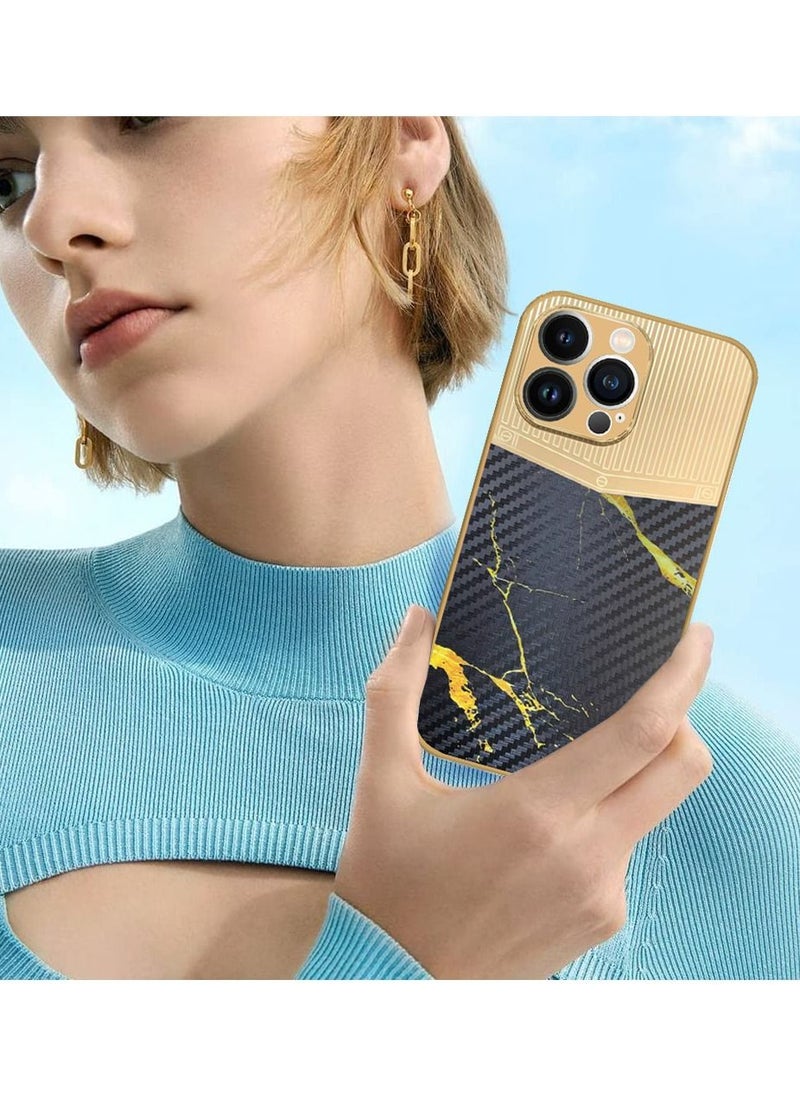 JOWAY - iPhone 13 Pro Max Luxury Gold Plated Case Hybrid Electroplated Frame Back Cover with Carbon Fiber Texture Marble Pattern Black/Gold - Image 1