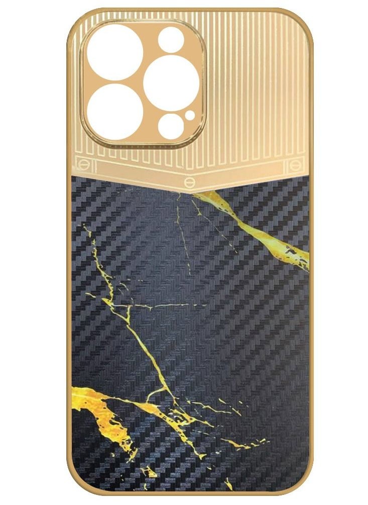 JOWAY - iPhone 13 Pro Max Luxury Gold Plated Case Hybrid Electroplated Frame Back Cover with Carbon Fiber Texture Marble Pattern Black/Gold - Image 1