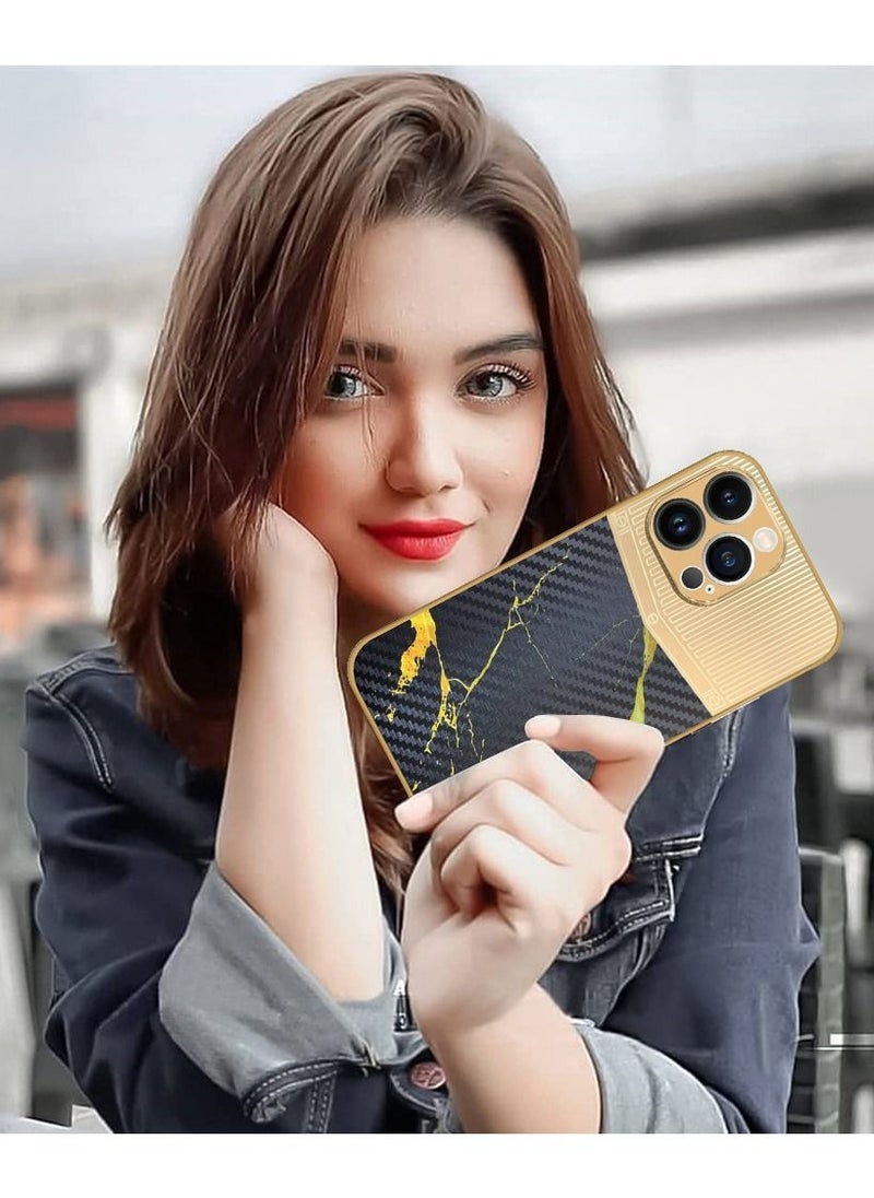 JOWAY - iPhone 13 Pro Max Luxury Gold Plated Case Hybrid Electroplated Frame Back Cover with Carbon Fiber Texture Marble Pattern Black/Gold - Image 1