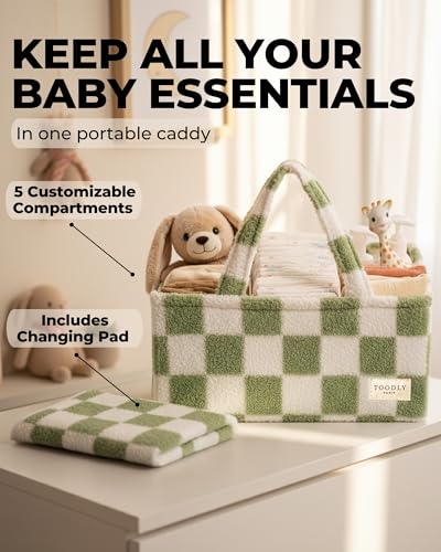 Toodly Checkered Diaper Caddy Organizer with Portable Changing Mat Teddy Fleece Diaper Organizer for Changing Table Caddy Organizer with Removable Dividers Green and White - Image 3