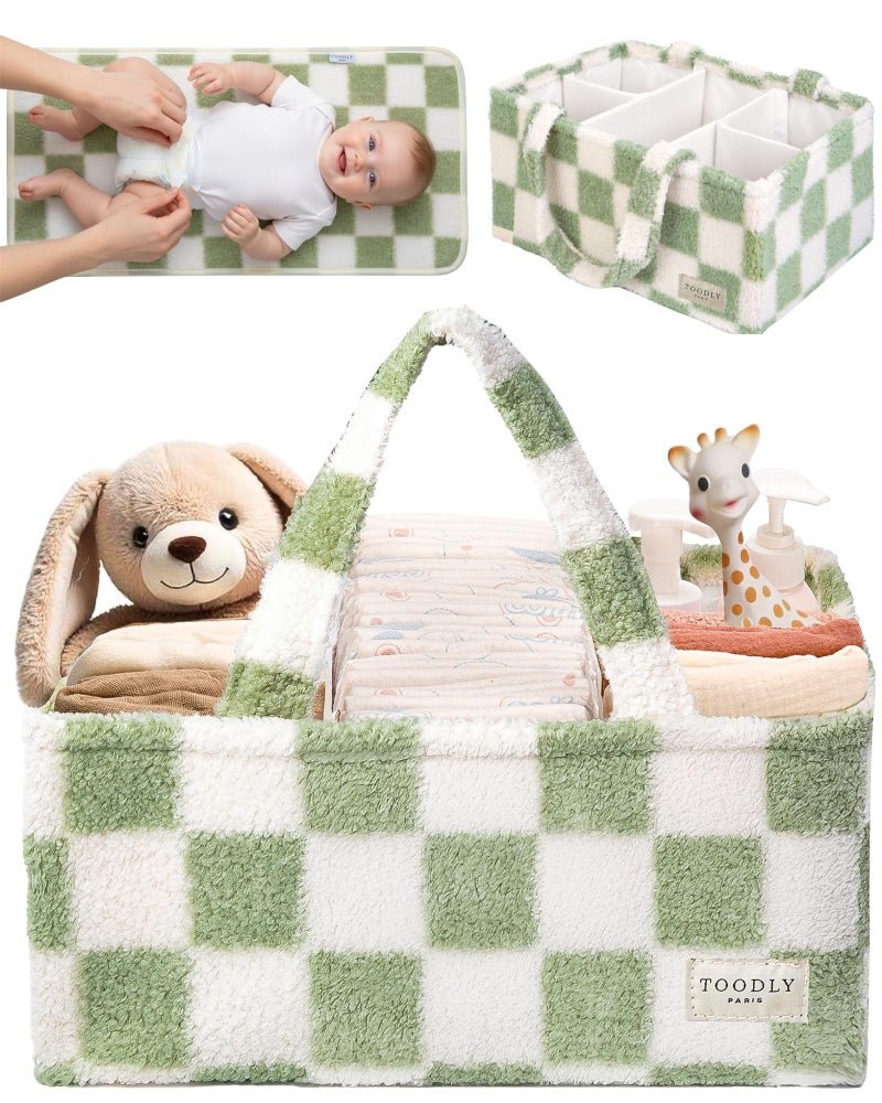 Toodly Checkered Diaper Caddy Organizer with Portable Changing Mat Teddy Fleece Diaper Organizer for Changing Table Caddy Organizer with Removable Dividers Green and White - Image 2