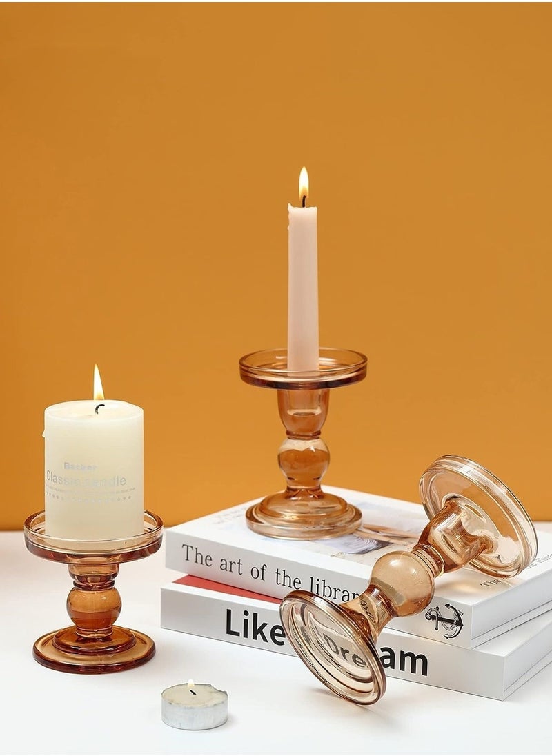 MIXDE 3-Piece Glass Candles Stand Amber Crystal Candle Holder for Pillar Taper Candle and Tealight  - Image 1