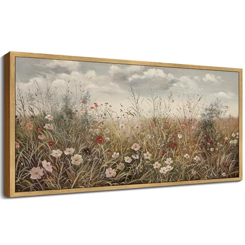 KUVIOKE Vintage Landscape Framed Wall Art Meadow Wildflower Field Wall Prints Classic Retro Farmhouse Rustic Decorations for Living Room Bedroom 8x16in Natural Framed - Image 1