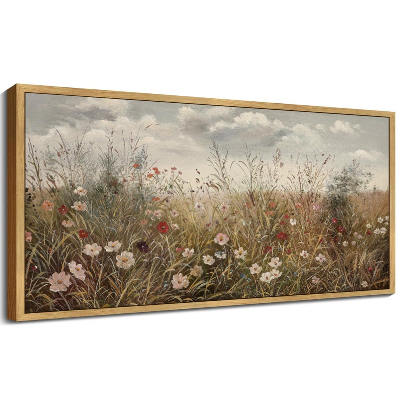 KUVIOKE Vintage Landscape Framed Wall Art Meadow Wildflower Field Wall Prints Classic Retro Farmhouse Rustic Decorations for Living Room Bedroom 8x16in Natural Framed - Image 2
