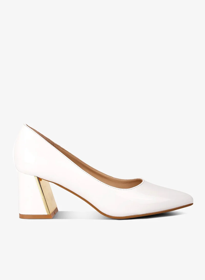 White Metallic Accent Block Heel Pumps