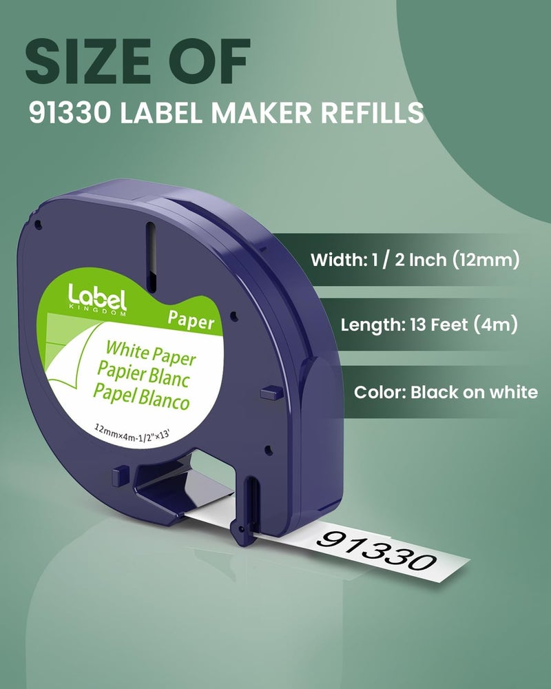 لايبل كينجدوم شريط ملصقات بديل متوافق مع طابعة Dymo Letratag White Paper Refill 91330 10697، 1/2 بوصة × 13 قدمًا، 12 مم × 4 أمتار، شريط ملصقات أسود على أبيض لطابعة Dymotag Lt-100H Plus، عبوة من 5 قطع - Image 5
