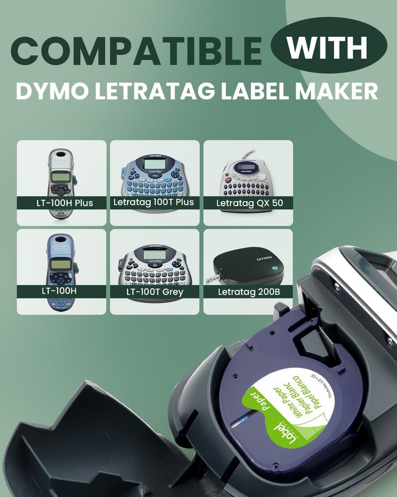لايبل كينجدوم شريط ملصقات بديل متوافق مع طابعة Dymo Letratag White Paper Refill 91330 10697، 1/2 بوصة × 13 قدمًا، 12 مم × 4 أمتار، شريط ملصقات أسود على أبيض لطابعة Dymotag Lt-100H Plus، عبوة من 5 قطع - Image 2