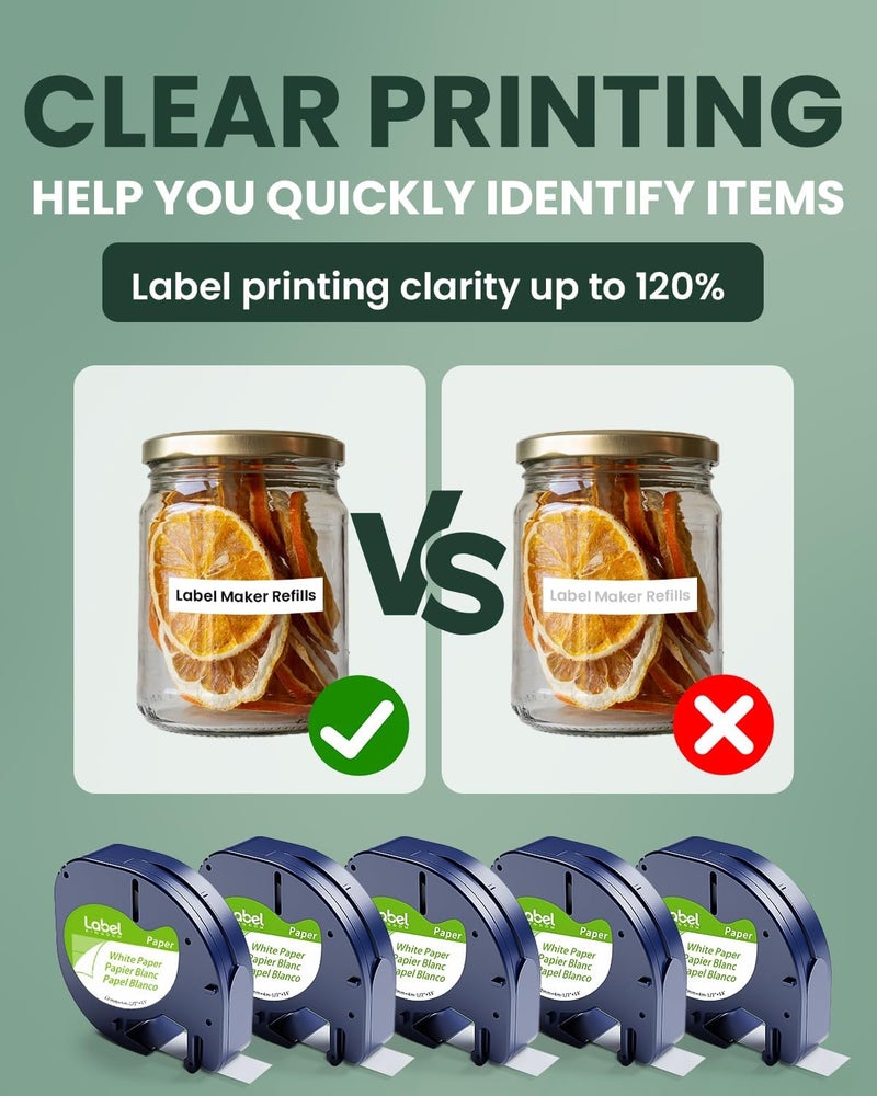 لايبل كينجدوم شريط ملصقات بديل متوافق مع طابعة Dymo Letratag White Paper Refill 91330 10697، 1/2 بوصة × 13 قدمًا، 12 مم × 4 أمتار، شريط ملصقات أسود على أبيض لطابعة Dymotag Lt-100H Plus، عبوة من 5 قطع - Image 3