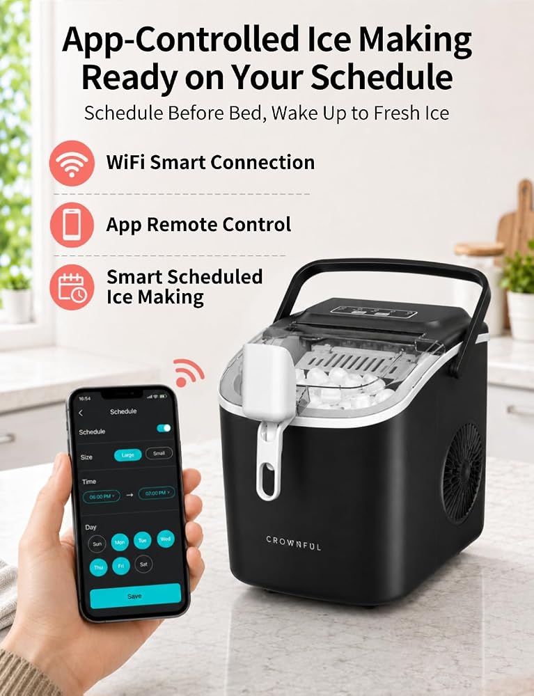 CROWNFUL Smart Countertop Ice Maker with WiFi & App Control, Schedule Fresh Bullet Ice Ready in 6 Minutes, 12 kg/24H Portable Ice Machine with Self-Cleaning, Ice Scoop and Basket for Home, Office - Image 2