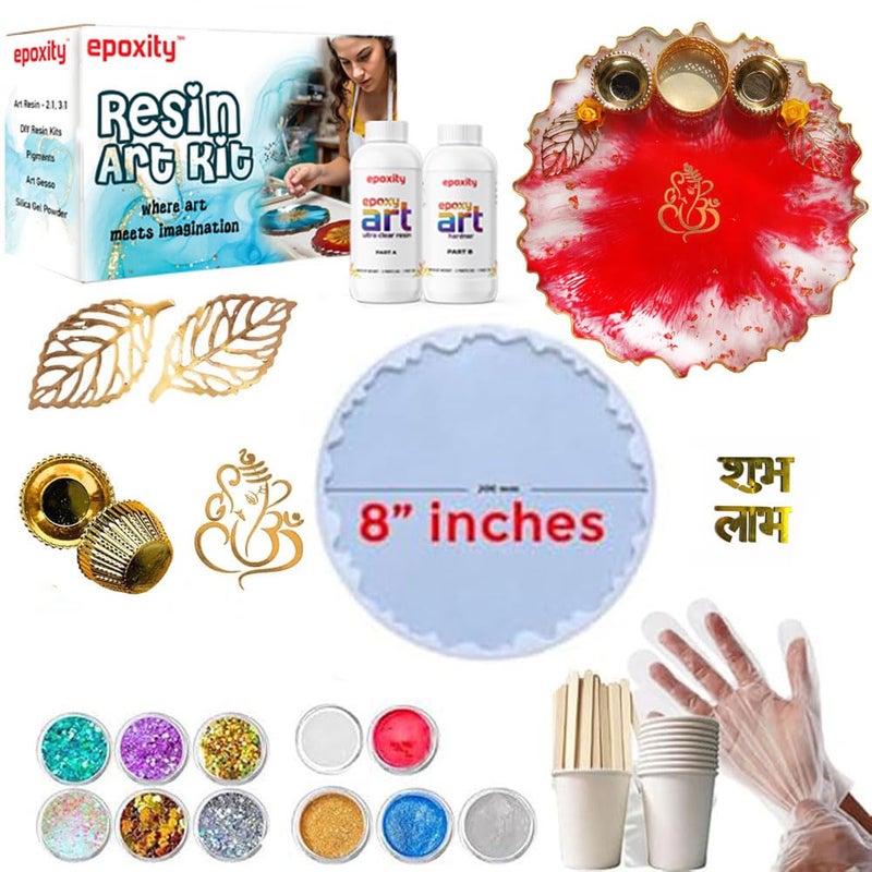 Epoxity Resin Pooja Thali DIY Kit Includes 300G 21 Epoxy Resin 8 Puja Thali Agate Mould with Glitter Pigments Rasin Liquid Raisin Liquid rasin
