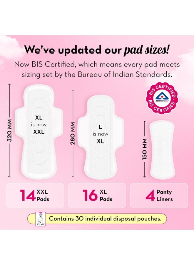 بلش فوط صحية فائقة النحافة وناعمة للنساء، 30 قطعة | 16 فوطة كبيرة جدًا (تدفق خفيف إلى متوسط)، 14 فوطة كبيرة جدًا جدًا (تدفق غزير)، 4 فوط يومية | 100% لا تسبب طفحًا جلديًا | فوط صحية قطنية أمريكية نقية كبيرة جدًا جدًا مع أكياس استخدام مرة واحدة مجانية | بدون عطور | خالية من المواد الكيميائية السامة - Image 3