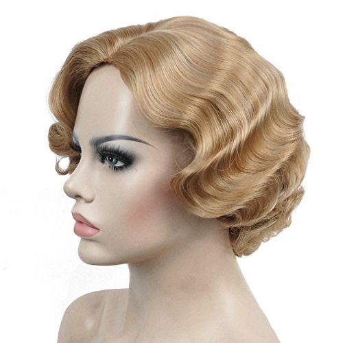 Lydell Vintage Cosplay Party Wig Light Butterscotch Short Finger Wavy Flapper Hairpiece - Image 2