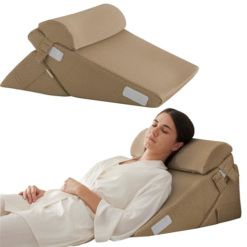 Bedluxe مجموعة وسائد سرير بيدلوكس 3 قطع بتصميم طبي، وسادة مثلثة من الفوم بعد الجراحة لدعم الظهر والساق والركبة، وسادة مثلثة قابلة للتعديل بحجم 9 و12 بوصة للنوم، الارتجاع الحمضي، الشخير، بني - Image 1