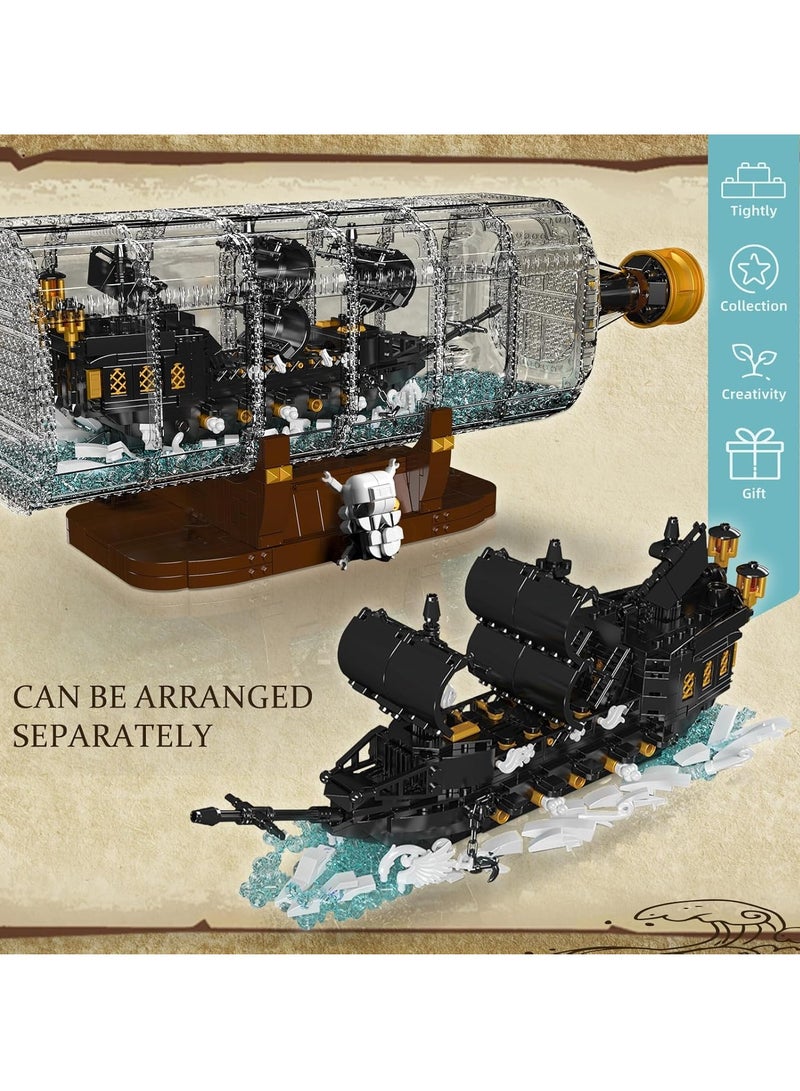 10065 Educational Drift Bottle with Black Pearl Ship Building Blocks Set, Pirate Ship in Bottle Model Building Kit with Display Stand, Collectible Bottle Toy for Boys Girls Adults (2206 Pieces)