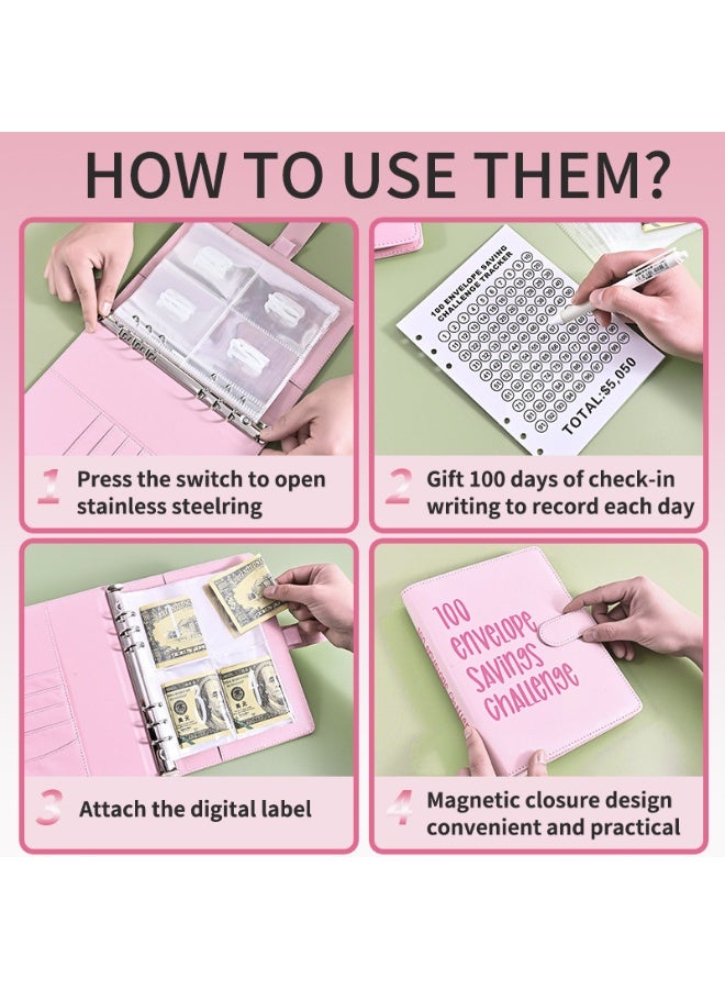 100 Envelopes Money Saving Binder A5 Savings Challenge Book Easy and Fun Way to Save Money—Pink - Image 3