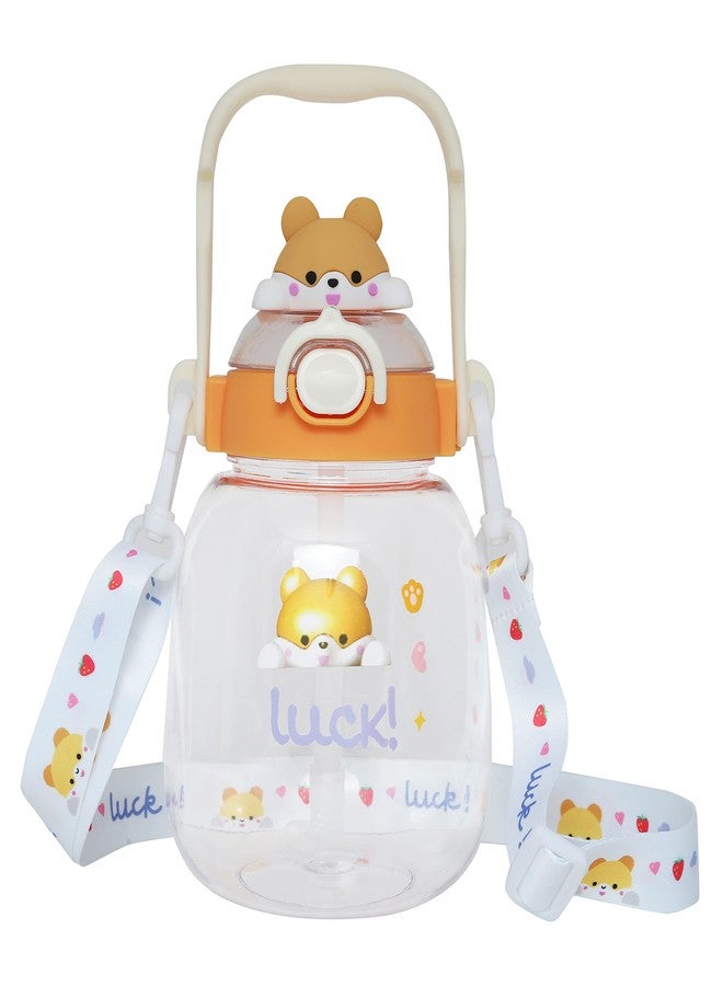 شيري بوكس زجاجة مياه باردة كبيرة الحجم من البلاستيك الخالي من مادة BPA من CherryBox، لطيفة التصميم، مزودة بغطاء قابل للطي وحزام كتف مع ملصقات يمكنك صنعها بنفسك (برتقالي) - Image 1