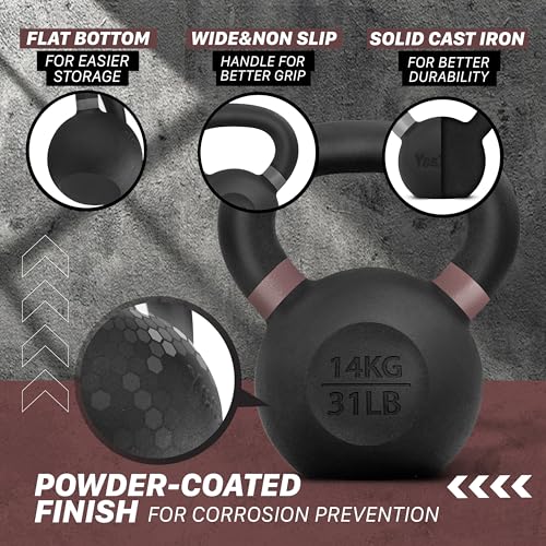 Yes4All Powder Coated Kettlebell, 31 lb Cast Iron Core Kettlebells with Non-Slip Handle & Flat Bottom for Conditioning, Heavy Duty for Strength Training - Single, Brown - Image 3