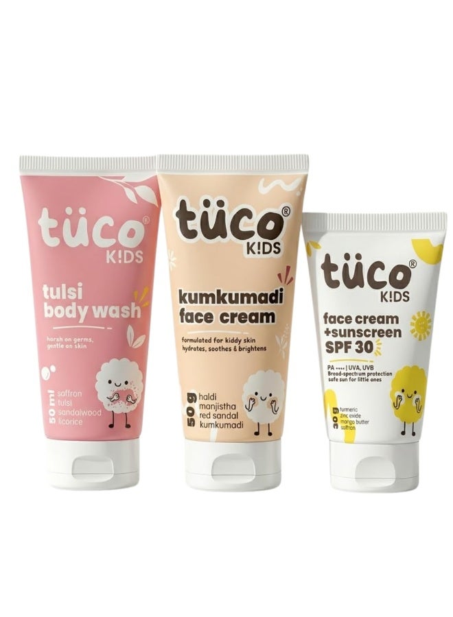 TuCo مجموعة Tuco® للعناية ببشرة الأطفال أثناء السفر | جل استحمام للجسم (50 مل) + كريم "كومكومادي" للوجه (50 جم) + واقي شمس بمعامل حماية SPF 30 (50 جم) | تحتوي على الزعفران والريحان وزيت جوز الهند | خالية من البارابين والكبريتات | للأولاد والبنات | للأعمار من 3 إلى 15 سنة | مجموعة 3 في 1 - Image 1