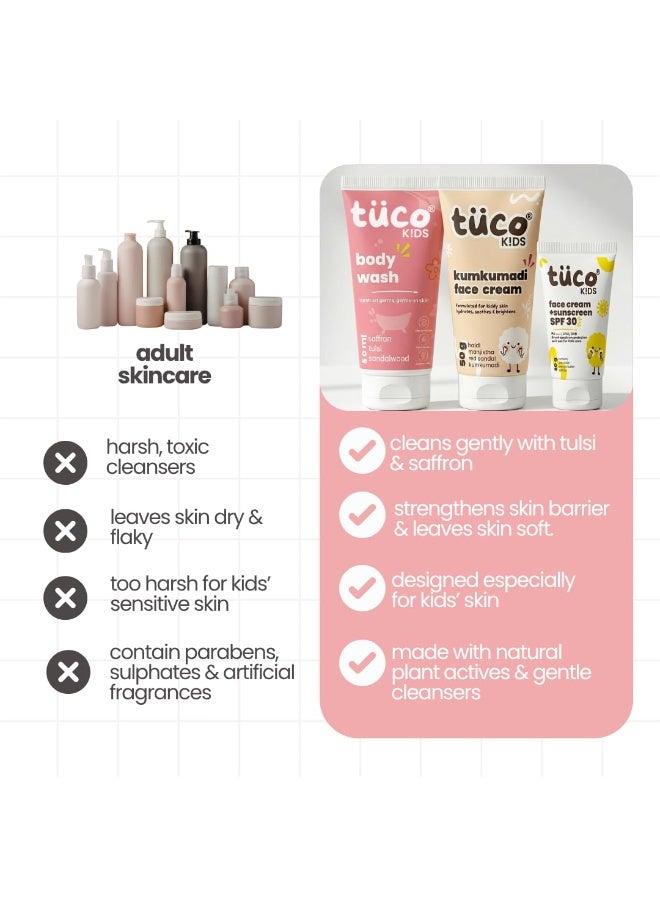 TuCo مجموعة Tuco® للعناية ببشرة الأطفال أثناء السفر | جل استحمام للجسم (50 مل) + كريم "كومكومادي" للوجه (50 جم) + واقي شمس بمعامل حماية SPF 30 (50 جم) | تحتوي على الزعفران والريحان وزيت جوز الهند | خالية من البارابين والكبريتات | للأولاد والبنات | للأعمار من 3 إلى 15 سنة | مجموعة 3 في 1 - Image 4