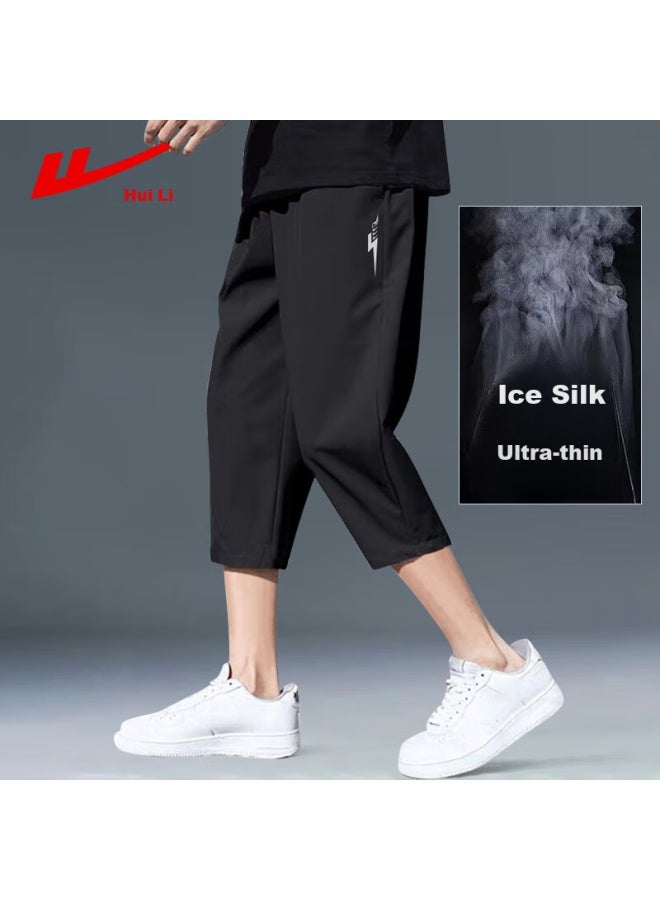 Pull Back Warrior Three-quarter Length Pants For Men, Summer Quick-dry Ice Silk Casual Sports Shorts, Thin Breathable Straight-leg Trousers, Black, XL - Image 1