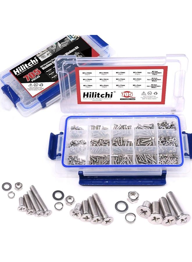 Hilitchi 705-Pcs M3 M4 M5 Phillips Flat Head Machine Screws Bolts Nuts Flat and Lock Washers Assortment Kit, 304 Stainless Steel, 8 to 20mm Length, Full Thread - Image 1