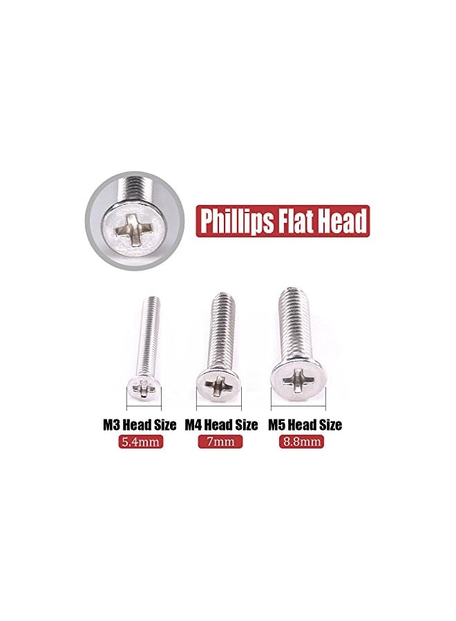 Hilitchi 705-Pcs M3 M4 M5 Phillips Flat Head Machine Screws Bolts Nuts Flat and Lock Washers Assortment Kit, 304 Stainless Steel, 8 to 20mm Length, Full Thread - Image 3