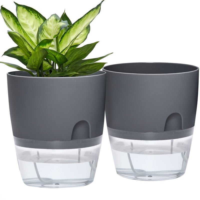 ETGLCOZY Self Watering Planter for Indoor Plants 2 Pack 93 Inch Flower Pot Modern Decorative Plastic Planter with Extra Large Water Storage for All House Plants Flowers HerbsGray