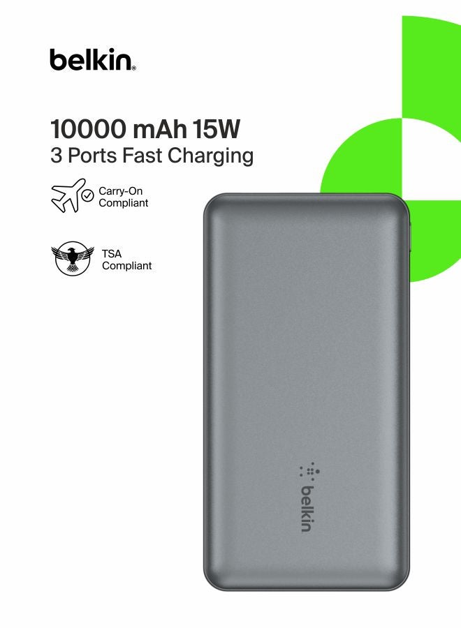 belkin 10000 mAh 10000mAh portable power bank, 10K USB-C portable charger with 1 USB-C port and 2 USB-A ports, battery pack for up to 15W charging for iPhone, Samsung Galaxy, AirPods, iPad - Space Gray Grey - Image 1