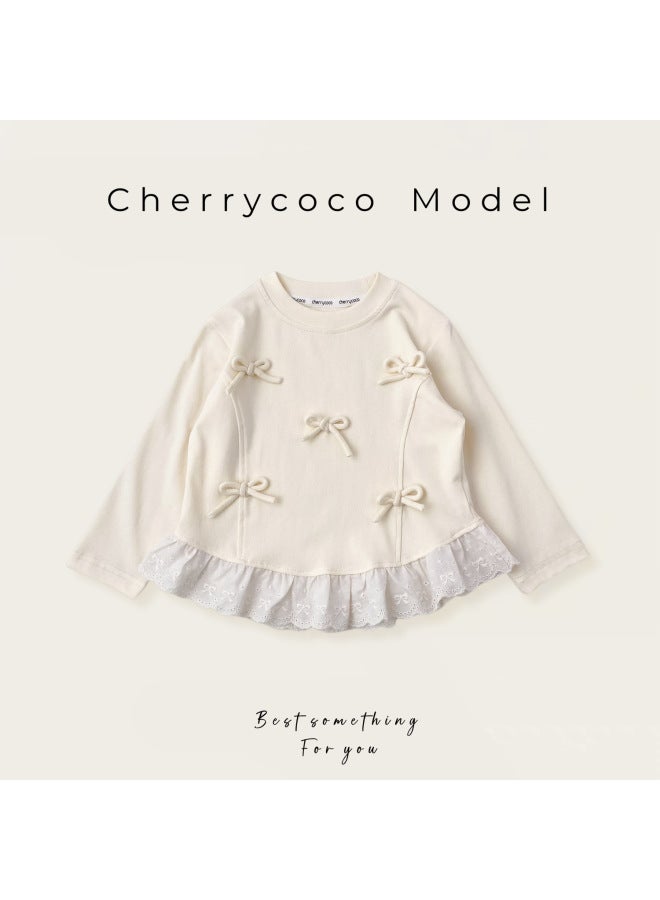 Girls' Bow-knot Long-sleeve T-shirt,  Style, Sweet Lace Base Shirt For Baby Girls, Versatile Trendy Top