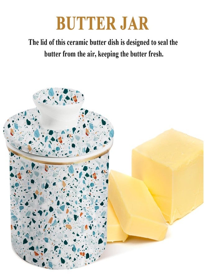 LEAZUL Butter Crock with Lid for Countertop,Ceramic French Butter Dish Keeper for Spreadable Soft Butter,3.7" Butter Container Holder with Terrazzo Marble Print, Housewarming Gift, Kitchen and Home Decor - Image 2