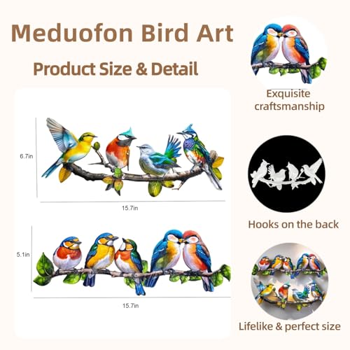 Meduofon 2025 New Metal Birds Outdoor Wall Art Decor Vivid Bird on Branch Hanging Leaves Metal Hummingbird Decor Suitable for Porch Fence Garden Outdoor Indoor Wall Decorations 2 Pack Birds Colorful - Image 3