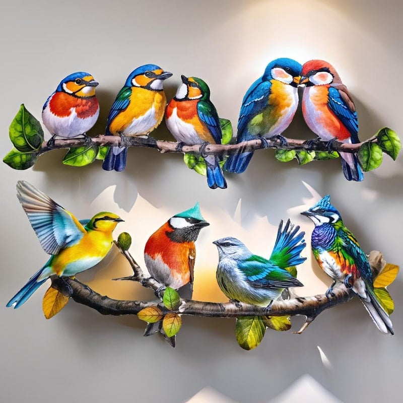 Meduofon 2025 New Metal Birds Outdoor Wall Art Decor Vivid Bird on Branch Hanging Leaves Metal Hummingbird Decor Suitable for Porch Fence Garden Outdoor Indoor Wall Decorations 2 Pack Birds Colorful - Image 2