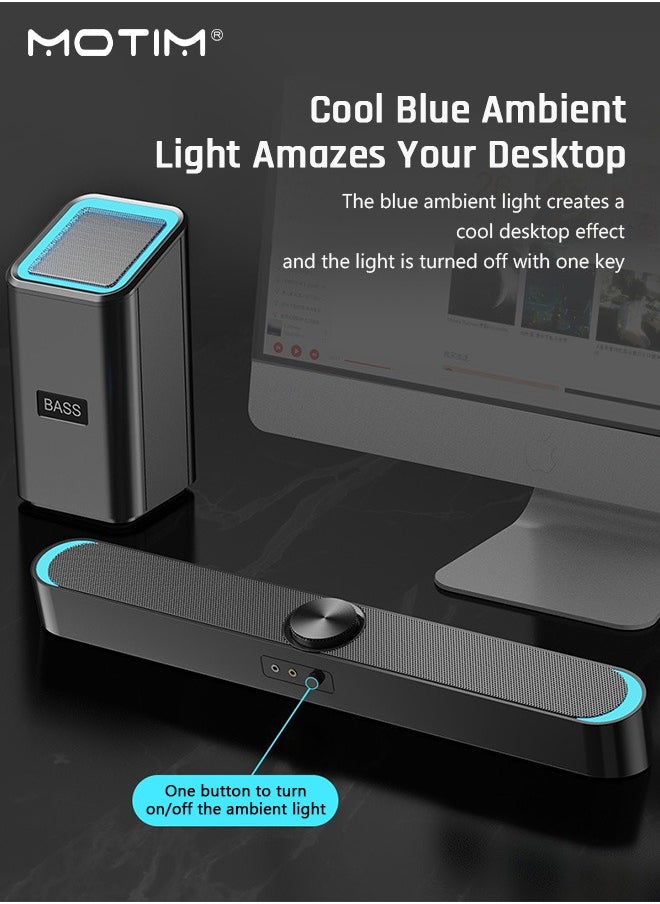 2 IN 1 Wired Soundbar Bluetooth, Powerful Subwoofer with Night light for Computer, Desktop Laptop PC Subwoofer HiFi Stereo Gaming Speakers