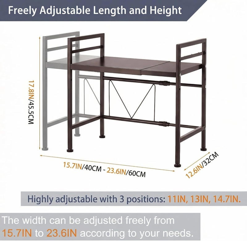 Pusdon Extendable Microwave Oven Rack, Adjustable Microwave/Toaster Shelf Heavy Duty Stand Kitchen Counter Top Organizer, 2 Tier with 3 Hooks, 160lbs Weight Capacity, Bronze - Image 5