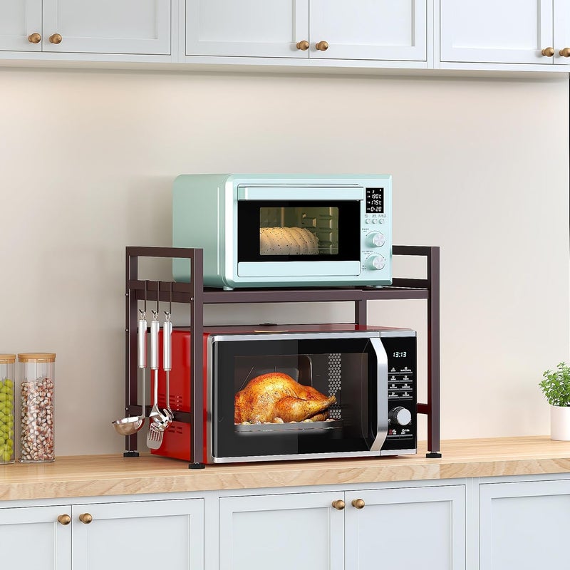 Pusdon Extendable Microwave Oven Rack, Adjustable Microwave/Toaster Shelf Heavy Duty Stand Kitchen Counter Top Organizer, 2 Tier with 3 Hooks, 160lbs Weight Capacity, Bronze - Image 4